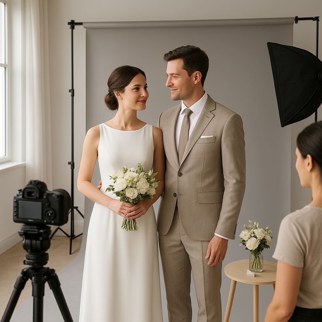 Helles Fotostudio mit Hochzeitspaar und Portrait-Setup in Zürich